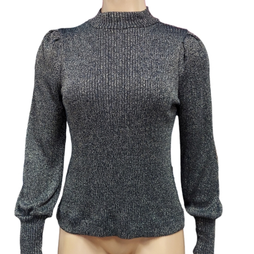 Loft Black Gold Metallic Long Sleeve Ribbed Light Sweater Top